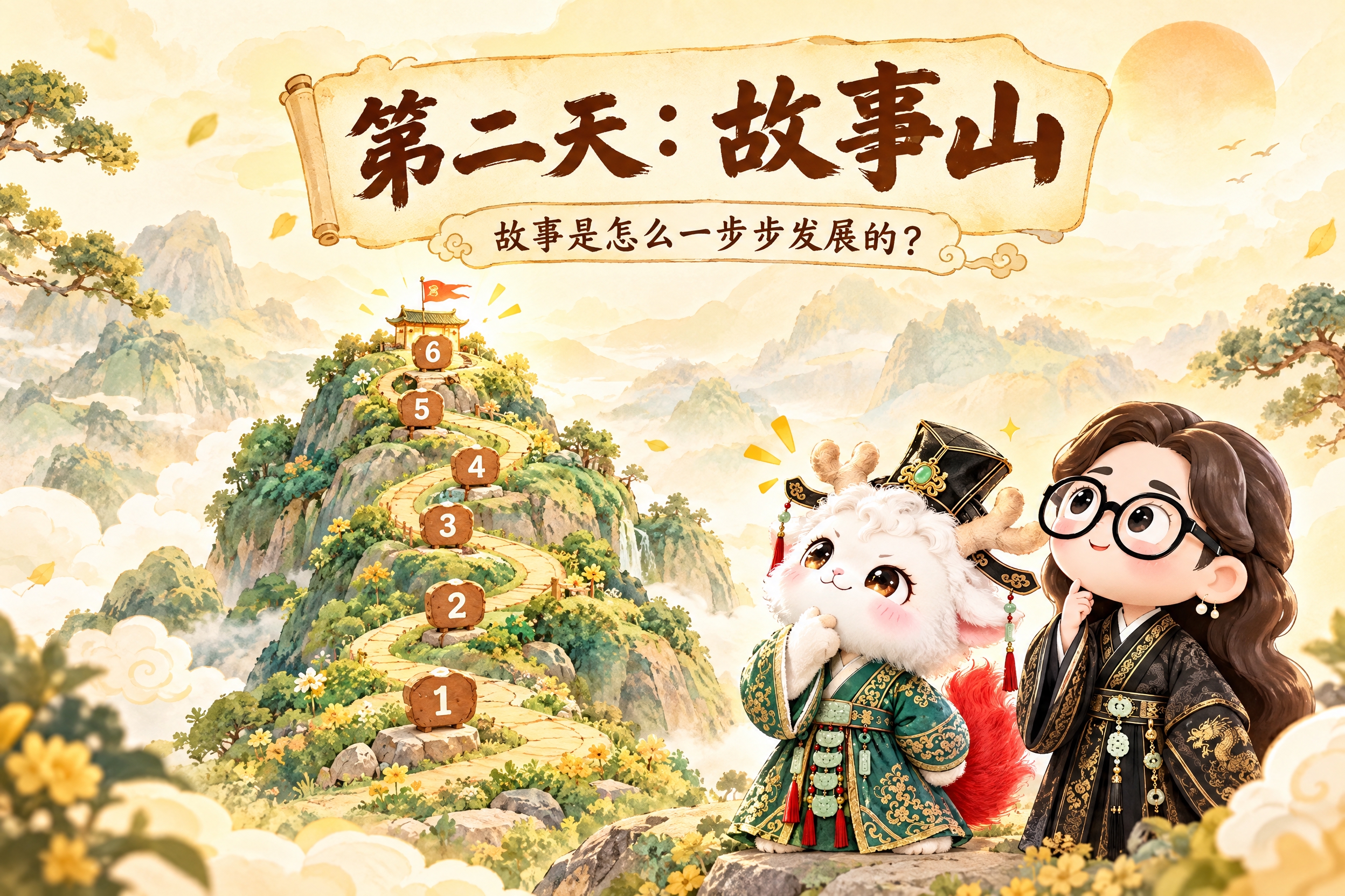横版6寸比例的课程标题页设计，大标题为"第二天：故事山"，副标… - 图片创意预览