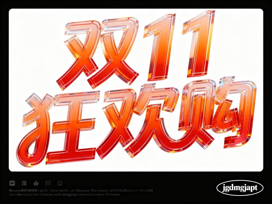 字体标志“双 11 狂欢购”，创意字体设计，3D的透明字体，橙红渐变色彩，线条流畅且富有艺术感，字体抽象变形，独特的节奏和动感，强烈的视觉冲击，白色背景，3D渲染风格，画面具有冲击力，海报底部有一行小预览效果