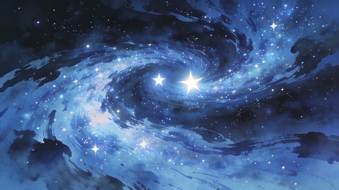 浩瀚星空银河，璀璨星河流动，两颗明亮的星星隔河相望，中国水墨风格星空，国漫风格，梦幻蓝色调，星星闪烁特效，银河漩涡状，深邃宇宙背景预览效果