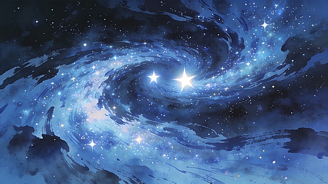 浩瀚星空银河，璀璨星河流动，两颗明亮的星星隔河相望，中国水墨风格星空，国漫风格，梦幻蓝色调，星星闪烁特效，银河漩涡状，深邃宇宙背景