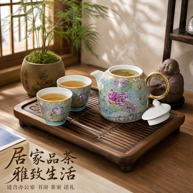 [主图-4] 珐琅彩荷花牡丹茶具多场景适用展示。
[氛围风格] 生活化新中式禅意氛围，真实茶空间场景；
[画质] 商业摄影质感，光线柔和自然，画面清晰通透，温馨真实。
[元素] 整套茶具摆放在原木茶台预览效果