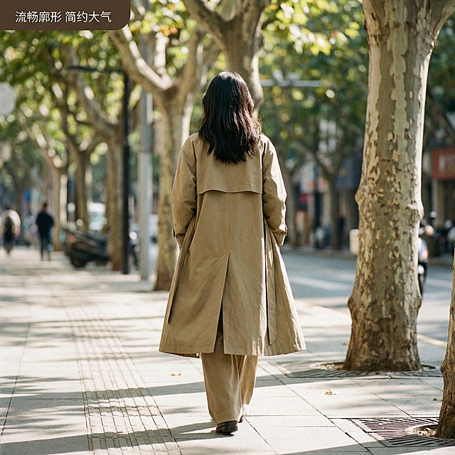 [垫图] https://gdesign-dam-hz.dancf.com/35973119319723063/30d1af8cd2c7464480ea129b077661cc.png
[主图主题] 卡其色简约大衣廓形背面展示
[氛围/风格] 简约风，自然休闲，柔和自然光
[画面元素] 原图同款亚洲女性模特背面展示，行走动态，展示大衣后背廓形和开叉设计，保持模特原有样貌穿搭完全一致，背景为干净的梧桐林荫道，和首图场景呼应，背景铺满全屏无边框
[配色色系] 主色调：卡其色，辅助色：绿色树木，低饱和配色
[视角构图] 背面平视，景深适中
[文字版式] 左上角小字“流畅廓形 简约大气”，字体无衬线深棕色，不遮挡主体
[比例分辨率] 2k 分辨率