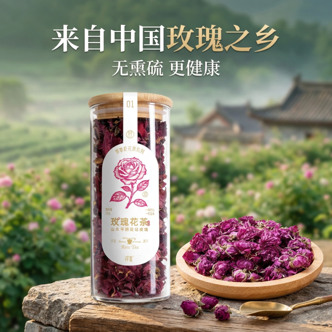 抖店电商主图，平阴花冠玫瑰，产地风格：背景采用山东平阴玫瑰田的淡绿色模糊背景，前景放置玻璃罐产品和干玫瑰花，上方文字'来自中国玫瑰之乡'，副标题'无熏硫 更健康'，整体风格具有地域特色，增强产品可信度预览效果
