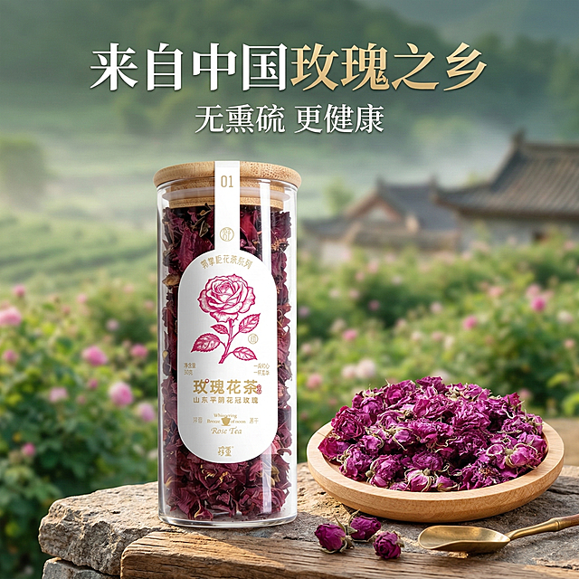 抖店电商主图，平阴花冠玫瑰，产地风格：背景采用山东平阴玫瑰田的淡绿色模糊背景，前景放置玻璃罐产品和干玫瑰花，上方文字'来自中国玫瑰之乡'，副标题'无熏硫 更健康'，整体风格具有地域特色，增强产品可信度。