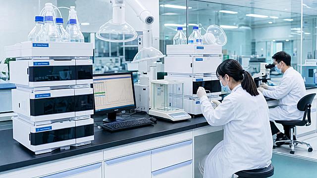 高清工业设备配图3：食品质量检测实验室，精密检测仪器，高效液相色谱仪、天平、显微镜等设备，实验人员穿着白大褂进行样品检测，台面整洁，明亮干净的实验室环境，科技感专业风，蒂芙尼蓝冷色调，4K超清画质，真实摄影质感，横版宽幅。