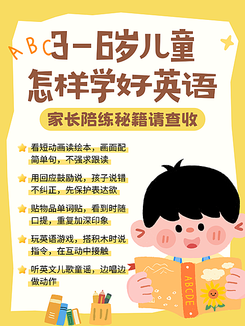 卡通插画风儿童英语学习指南分享小红书配图