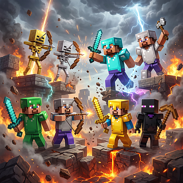 将图中的8款我的世界乐高人仔变得生动形象，调整人仔比例大小，给人仔添加站立点，制作出热血的战斗氛围，保留所有8款角色，画面充满动感张力