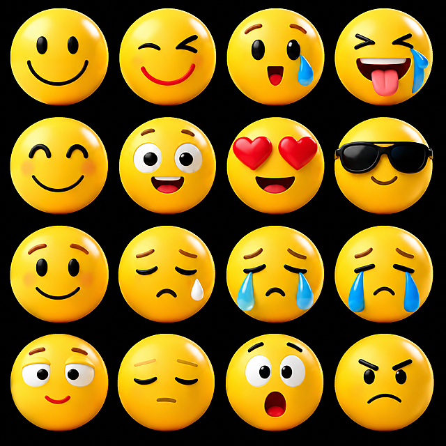 参考提供的3D立体黄色emoji表情包风格，重新生成整组表情合集，保持4行4列布局和所有表情的情绪不变，提升画面清晰度和质感
