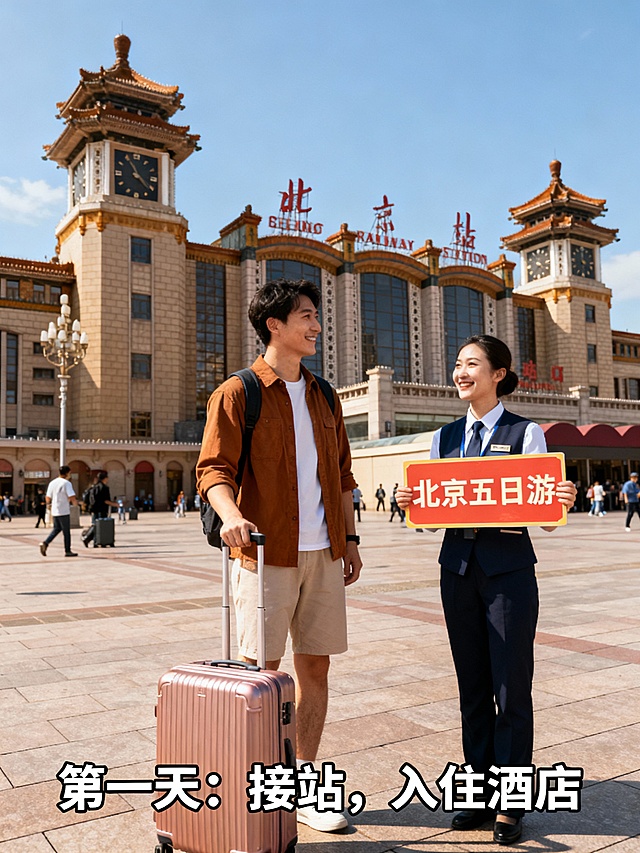北京五日游行程介绍，第一天接站，入住酒店，第二天，故宫，恭王府，什刹海胡同，第三天，八达岭，奥林匹克公园鸟巢水立方，第四天，颐和园，圆明园，第五天，送站，返回温馨的家。要求做成5张图片，按照每天行程走法制作