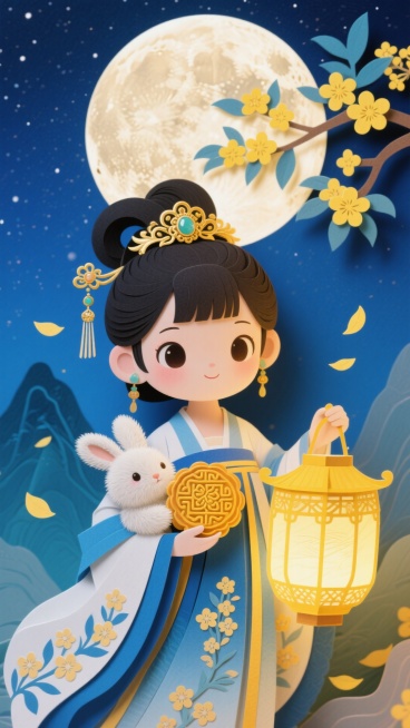 Q版古装少女（蓝白渐变桂花暗纹汉服、鎏金嵌玉发簪、流苏耳饰、暖黄色镂空宫灯）、绒毛蓬松玉兔（抱花纹金黄月饼），中景为有环形山细节的巨大满月，背景是深邃藏蓝色星空。点缀开满嫩黄花的桂花枝与飘落的半透明桂预览效果