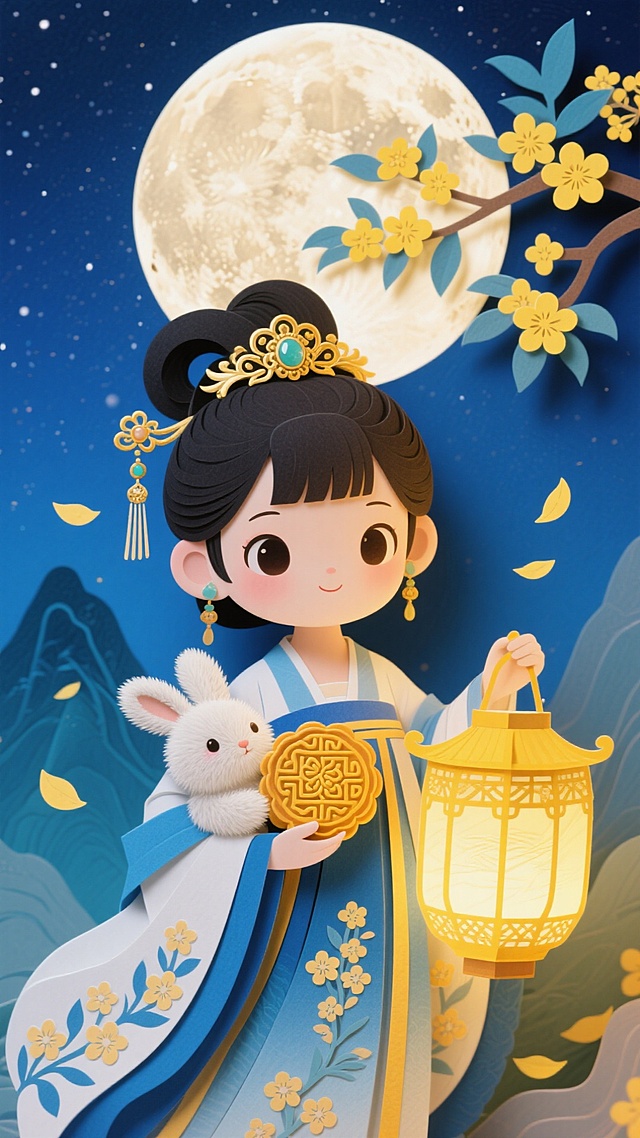 插画风融合撕纸与软3D质感，萌趣嫦娥手持灯笼与月饼，怀抱玉兔，月下花枝摇曳，中式复古美学演绎中秋温馨梦幻。