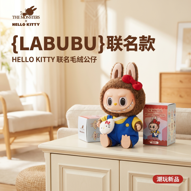 [主图-1] LABUBU联名毛绒玩偶首图展示
[氛围风格] 温馨治愈 潮流盲盒展示风格
[画质] 商业摄影质感、光线柔和通透、产品清晰真实、画面干净高级。
[元素] LABUBU联名毛绒玩偶放置在奶预览效果
