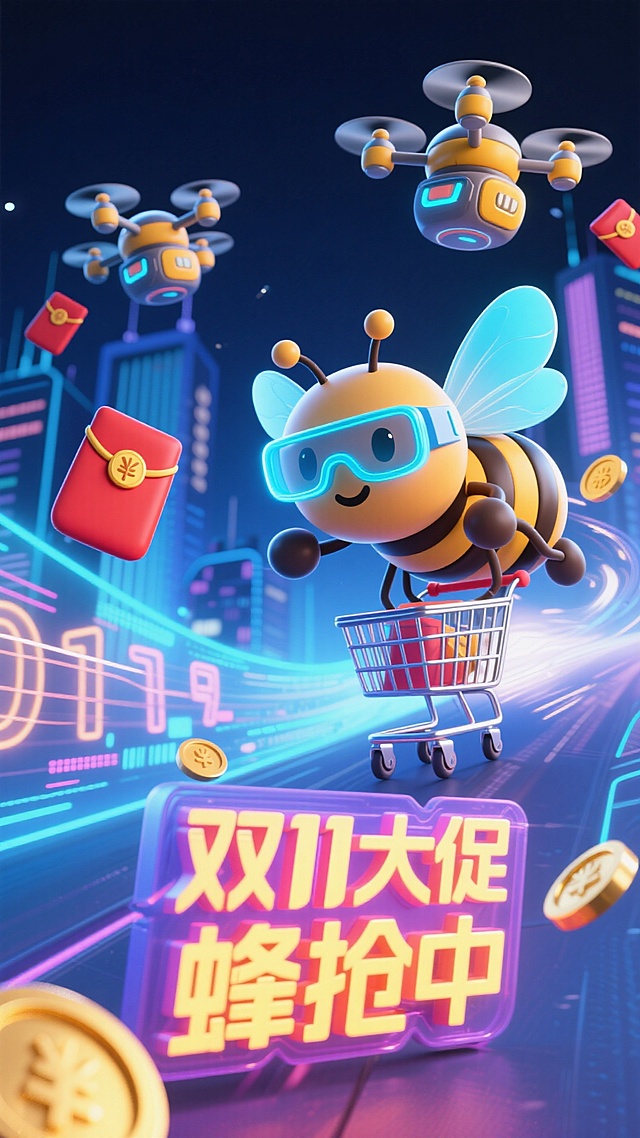 未来感科技城市夜景中，拟人化蜜蜂戴护目镜推购物车，软3D风搭配霓虹灯与粒子特效，无人机送红包，趣味十足的双11促销海报。