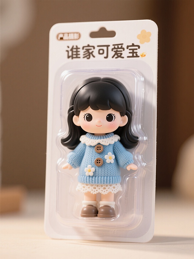 软3D风卡通女孩，可爱感十足，蓝色毛衣配小白花，温馨节日氛围。