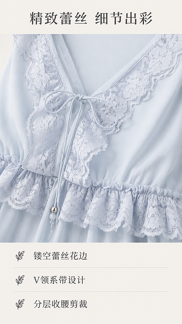[第3屏] 设计细节特写展示，浅蓝蕾丝V领无袖短裤套装。本屏使用【图4】作为主体参考图。
[氛围/风格] 细节特写品质风，清晰微距质感，柔和干净背景，简约突出工艺。
[元素布局] 领口和腰部蕾丝花边做特写放大，占据画面中心70%区域。保持蕾丝花边纹理、V领抽绳设计、浅蓝配色与原图一致，清晰展示蕾丝镂空纹理和包边工艺。背景为纯色浅灰，突出产品细节，上下预留文字区域。
[光影质感] 柔和正面打光，均匀照亮蕾丝纹理，突出镂空质感和材质肌理，边缘清晰，阴影过渡自然。
[配色色系] 全局底色：#F5F5F0（浅米白）；主体：#E0F0F9（浅蓝面料）+#F0F0F0（蕾丝留白）+#333333（文字）。
[视角构图] 胸部领口特写视角，主体居中放大，聚焦蕾丝细节，竖屏构图适配移动端。
[文字版式] 顶部主标题「精致蕾丝 细节出彩」，居中；下方分三点说明：「镂空蕾丝花边」「V领系带设计」「分层收腰剪裁」，每点左侧加小树叶图标，竖排排列清晰。
[比例分辨率] 9:16竖版比例，4K分辨率，文字清晰可辨，超高清。
[负向提示词] 细节模糊，纹理丢失，颜色偏差，结构错误，文字错乱，水印。