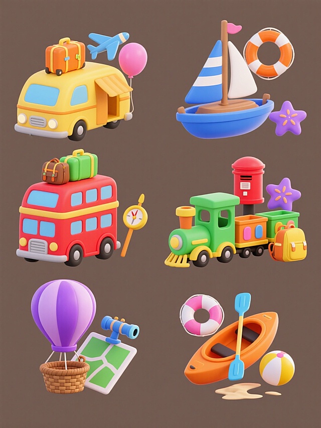 6个风格统一的3D卡通旅游主题元素集合，每个元素独立成组，规整排列在纯色背景上。所有元素保持圆润可爱的造型风格，柔和明亮的光影效果，细腻的材质表现。元素内容分别为：1. 黄色露营车搭配橙色行李箱、蓝色飞机和粉色气球；2. 红色双层巴士车顶载有绿色行李箱，旁边有棕色登山包和黄色指南针；3. 蓝色帆船带着白色船帆，周围有橙色救生圈和紫色海星；4. 绿色小火车头牵引着两节彩色车厢，旁边有红色邮筒和黄色背包；5. 紫色热气球下方悬挂着棕色藤篮，旁边有蓝色望远镜和绿色地图；6. 橙色皮划艇配有蓝色船桨，旁边有粉色游泳圈和黄色沙滩球。每个元素都有独特的主色调，整体色彩协调且变换丰富，共同营造出欢快活泼的旅游氛围。