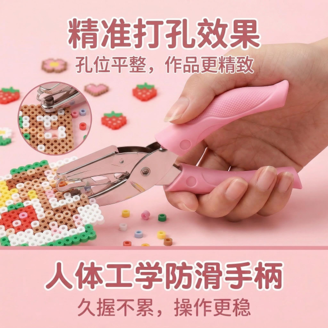1:1 竖版电商主图，严格还原上传的拼豆 DIY 打孔器产品图，包括粉色防滑手柄、银色金属刀头、所有设计细节完全一致，产品外观必须与参考图完全一致，不得改变包装设计、配色方案或品牌元素，保持产品的真实预览效果