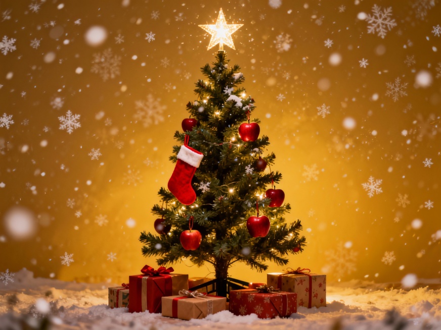 雪花背景，上面有一颗星星，挂着红袜子和苹果，树下还有礼物的圣诞树预览效果