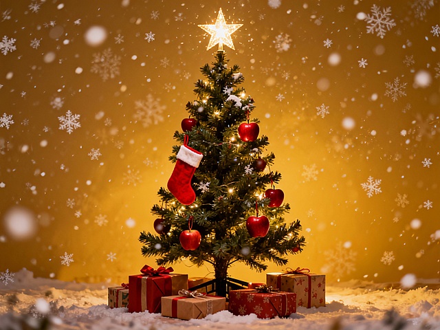 暖金背景下的圣诞树，融合3D与重拟物风格，点缀红苹果与光晕星饰，雪落粒子营造梦幻光影，礼盒堆叠传递喜庆温馨的节日氛围。