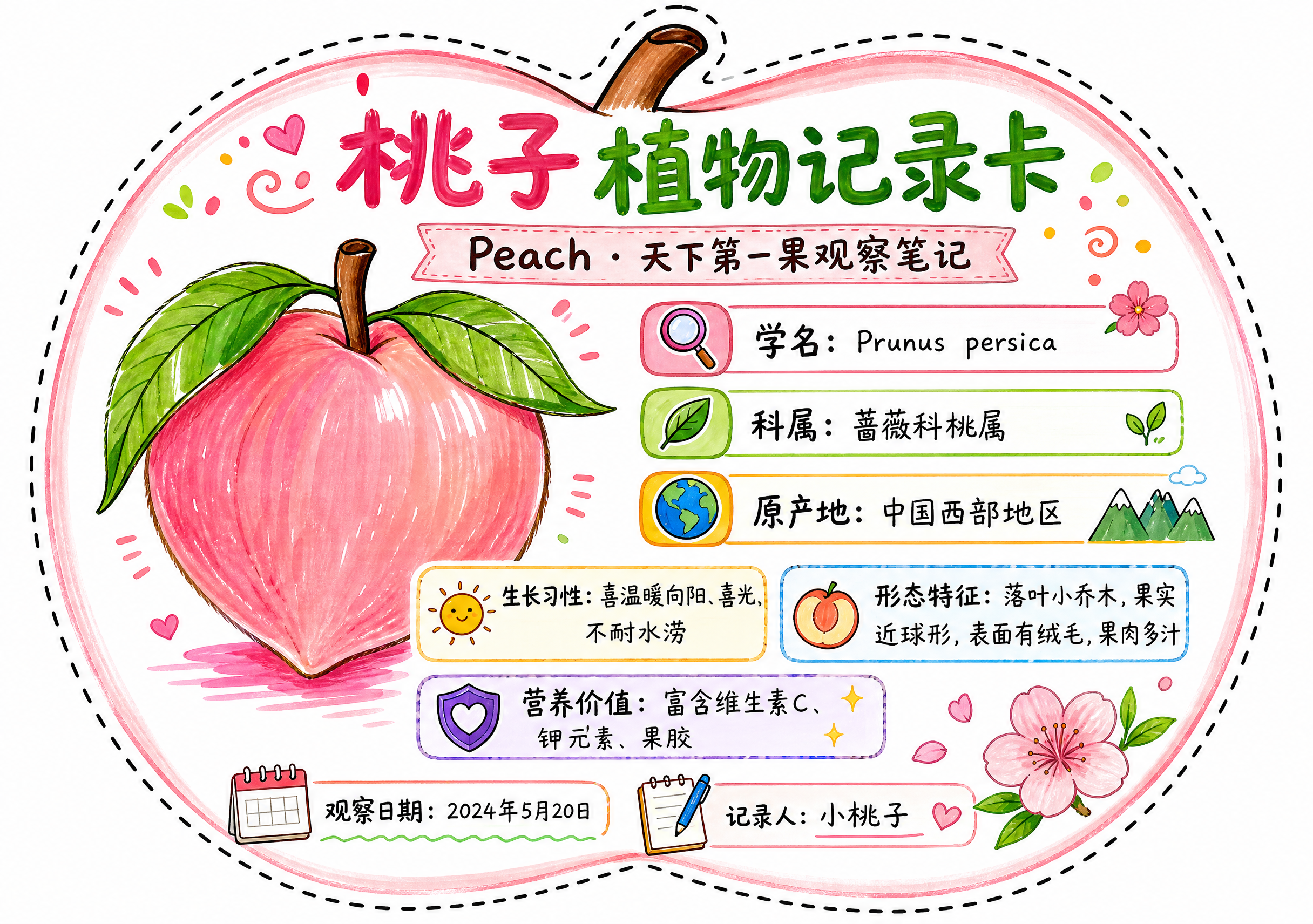 一张桃子异形植物记录卡，整体为桃子轮廓造型，沿桃子外轮廓有一圈… - 图片创意预览