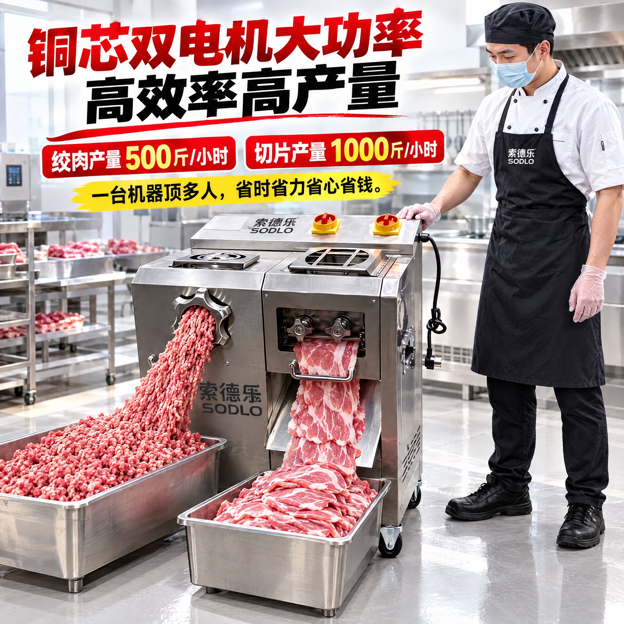 抖音电商主图，1:1正方形，商用不锈钢绞切一体机放在干净的商用… - 图片创意预览