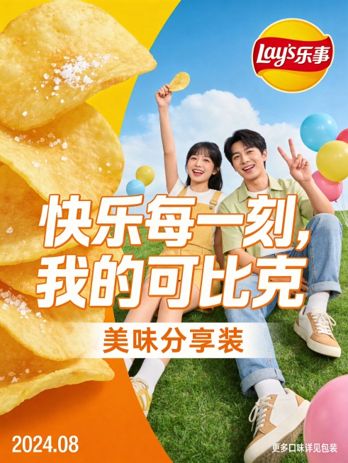 可比克薯片招贴广告设计，广告主题文字"快乐每一刻，我的可比克"，主题突出，创意新颖，色彩醒目，诱人的可比克薯片搭配年轻活力的休闲场景，整体视觉明快欢乐，符合膨化食品品牌调性，尺寸为450mm×600m预览效果