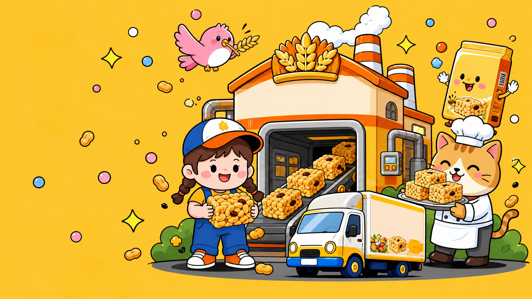 提取参考图右侧的沙琪玛工厂插画部分，生成纯插画背景图，去除所有… - 图片创意预览