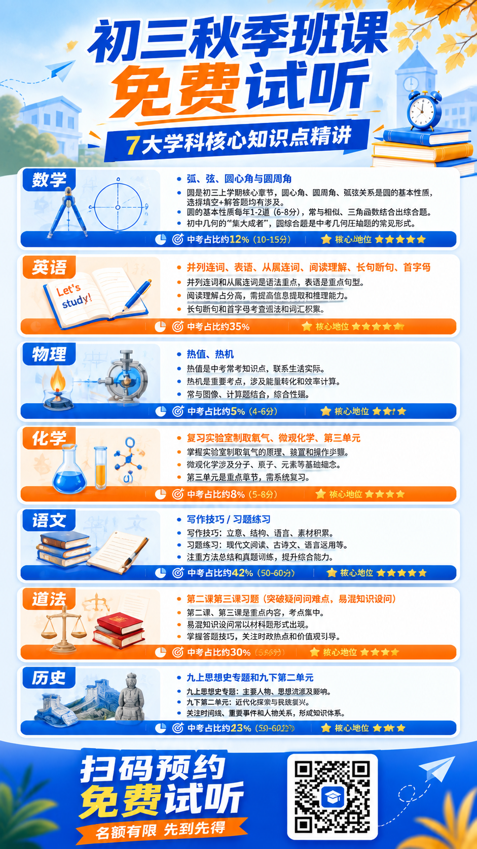 参考图版式不变，将标题改为“初三秋季班课 免费试听”，副标题改… - 图片创意预览