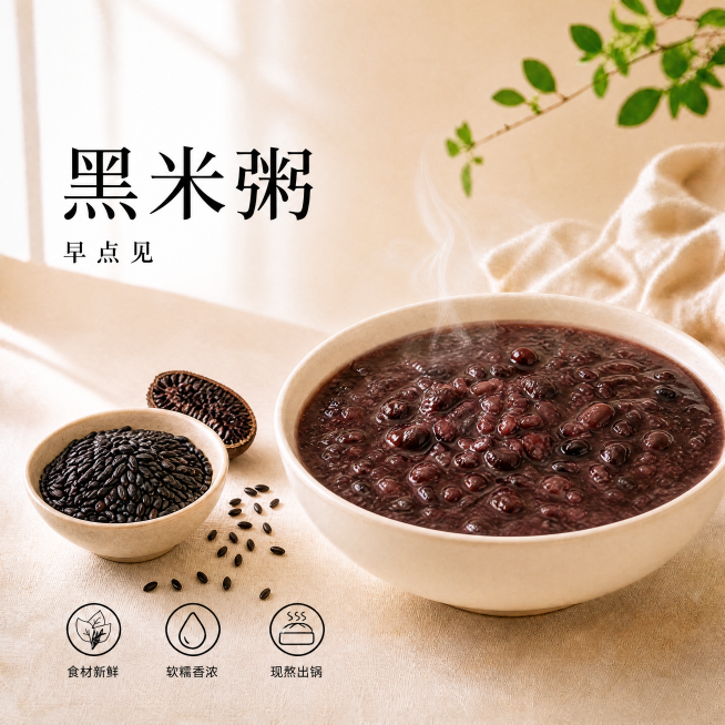 [单张主图] 黑米粥 高级氛围感主图，延续参考图风格制作外卖平台商品主图。保留左上文字区、右侧主碗、左侧小碗配原料、左下三个图标卖点的版式不变，品牌为"早点见"。将大标题修改为"黑米粥"；右侧主碗改为预览效果
