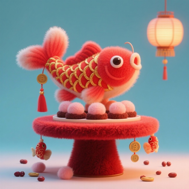 主体：毛绒锦鲤中国结（渐变红绒 + 金绒鳞片，立体有型）；点缀：深红短绒甜品台（仅台面铺绒），甜品台边缘挂 2 个小毛绒流苏、1 串迷你毛绒铜钱；甜品：周围放着散落的迷你毛绒红豆沙团子（红豆绒粉 +预览效果