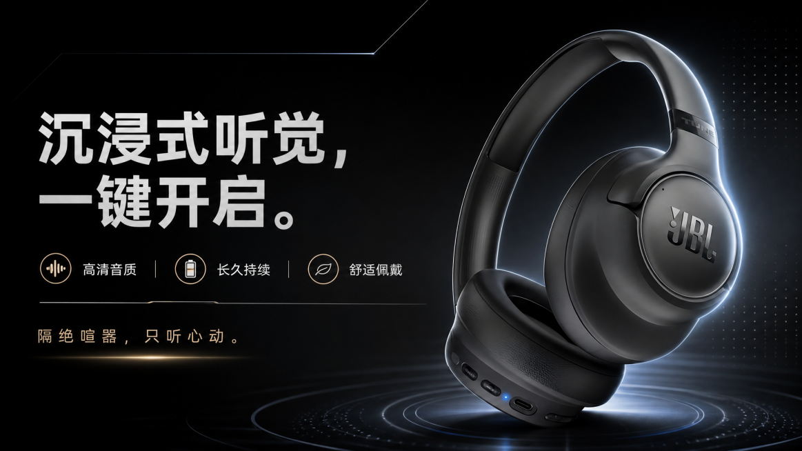 为这张JBL头戴式蓝牙耳机制作电商横版16:9宣传海报，添加主标题"沉浸式听觉，一键开启。，卖点文字：高清音质/长久持续/舒适佩戴，slogan：隔绝喧嚣，只听心动。整体风格现代简约科技风，黑色高级质预览效果