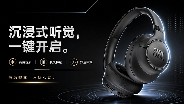 为这张JBL头戴式蓝牙耳机制作电商横版16:9宣传海报，添加主标题"沉浸式听觉，一键开启。，卖点文字：高清音质/长久持续/舒适佩戴，slogan：隔绝喧嚣，只听心动。整体风格现代简约科技风，黑色高级质感背景，商用宣传图。