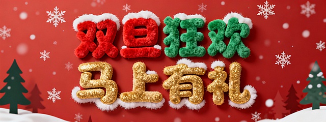 生成“双旦狂欢 马上有礼”这八个字的毛绒质感文字，配色是圣诞节气氛围，字体圆润可爱