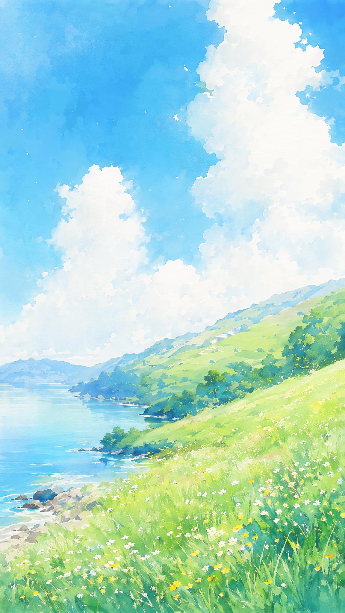 大暑主题竖版节气海报，清新水彩肌理，高饱和度通透蓝天，蓬松轻薄… - 图片创意预览