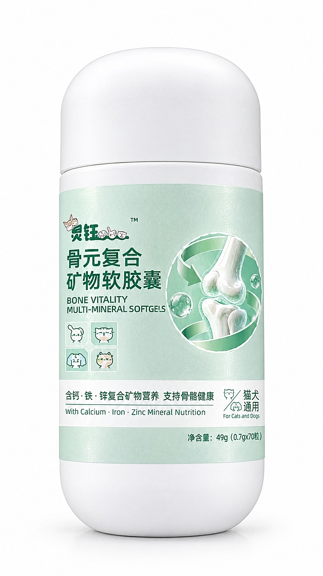 产品级渲染图，一个白色胶囊形状的塑料瓶，瓶身中间贴有浅绿色的珠光纸质感标签，标签上完整保留参考图二的所有设计内容：左上角是'贝钰'品牌logo和TM标识，左侧是'骨元复合矿物软胶囊'大标题及英文'BONE VITALITY MULTI-MINERAL SOFTGELS'，左下方有四个小动物头像图标（兔子、猫、狗、猫），右侧是一个圆形的骨骼关节示意图，右下方是'猫犬通用'标识，底部白色横条区域写着'含钙·铁·锌复合矿物营养 支持骨骼健康'及英文，右下角是'净含量：49g（0.7gx70粒）'。标签表面有细腻的珠光纸纹理和光泽，微微反光，质感高级。瓶子为纯白色哑光塑料材质，瓶盖和瓶底圆润。纯白背景，专业产品摄影，柔和打光，高清细节，商业摄影级别。注意右侧圆形图案不要与左侧文字重叠。