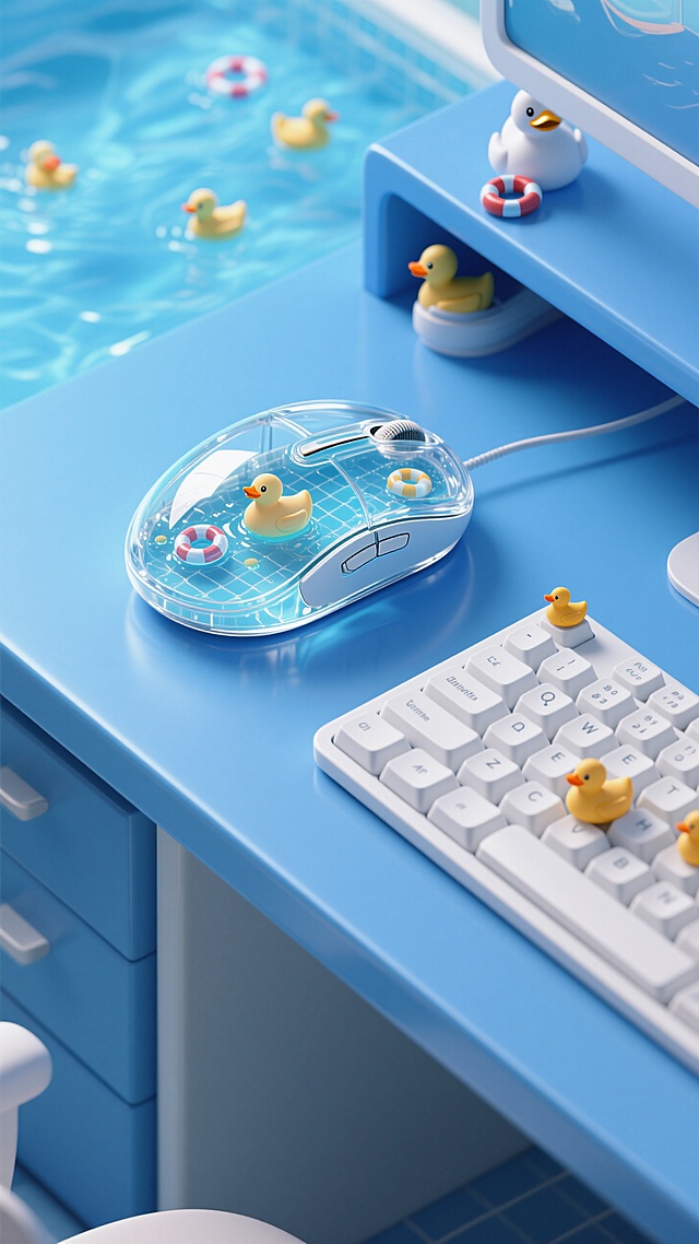 蓝色背景，放置着一个全透明塑料鼠标特写，盖鼠标透明的看到内内装满了泳池水里面放着小鸭子和游泳圈，极具光泽感，蓝色的桌面，旁边有白色键盘，键盘上的键帽也有鸭子和游泳圈