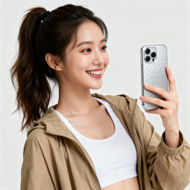 核心主体：年轻东亚女性，高马尾造型，笑容灿烂，侧头看向画面右侧；身穿卡其色外套、白色运动内衣，手持银色 iPhone，整体姿态轻松自然，纯色背景。细节与质感：人物发丝自然蓬松，衣物面料柔软有垂坠感，手预览效果
