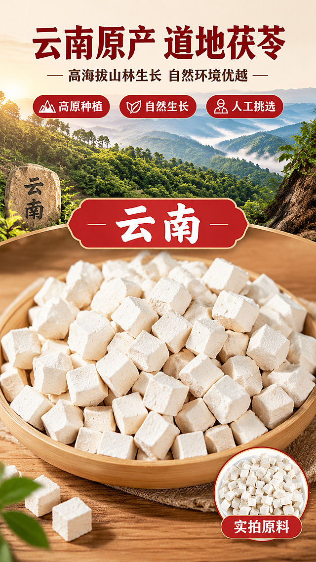 [商品] 使用【图1】云南白茯苓丁；保留茯苓丁方块形态、米白色泽和粉性质感。
[画面] 目标：成分产地展示，强调云南原产地。构图：上半部分云南高原山林产地场景（占画面40%），下半部分茯苓丁原料微距平铺（占画面45%），产地元素大且占主画面，原料实拍颗粒清晰可见，中间用红底标签条分隔，产品图作为品质佐证置于右下角。
[视觉] 套系策略：风格=拼多多接地气家常商业摄影风；标题字=粗黑体大字报风格；正文字=简洁黑体；主色=暖米白+朱砂红；背景延展=暖木色桌面、浅米色渐变背景、同色系深浅层级；强调色=朱砂红，仅用于标题重点字、标签和引线；标题色=深棕红；正文色=深褐色；组件=圆角红底信息卡、虚线引线、红底白字标签；光影=左前侧暖柔光，自然阴影。
[文字] 主标题「云南原产 道地茯苓」，副标题「高海拔山林生长 自然环境优越」，配3个产地卖点：「高原种植」「自然生长」「人工挑选」，产地名大字突出，所有文字横排。
[规格] 图片比例9:16竖版，4K分辨率，拼多多风格，避免变形、错字、文字过小、虚假产地承诺、医疗功效宣传。