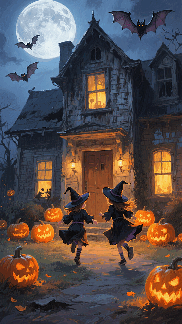 一座复古鬼屋，屋内灯火温暖，门前装饰着发光南瓜灯。两个穿女巫装的小孩在门前奔跑，周围散落多个南瓜灯，天空有蝙蝠飞舞，背景是一个巨大的圆月，整体氛围神秘又温馨。