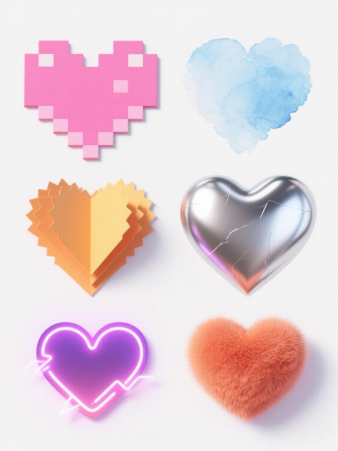 一套包含6个完全不同风格爱心元素的系列素材集合，所有爱心保持核心心形轮廓但造型各异：第一个是像素风格爱心，棱角分明的方块构成，8位复古游戏质感，亮粉色；第二个是水彩晕染爱心，边缘柔和扩散，半透明水痕效果，淡蓝色；第三个是金属光泽爱心，高反光镜面材质，冷银色，带有细微划痕和高光；第四个是剪纸艺术爱心，多层叠加立体效果，橙黄色，边缘有锯齿状剪裁痕迹；第五个是霓虹灯爱心，发光轮廓，内部渐变紫色，带有……预览效果