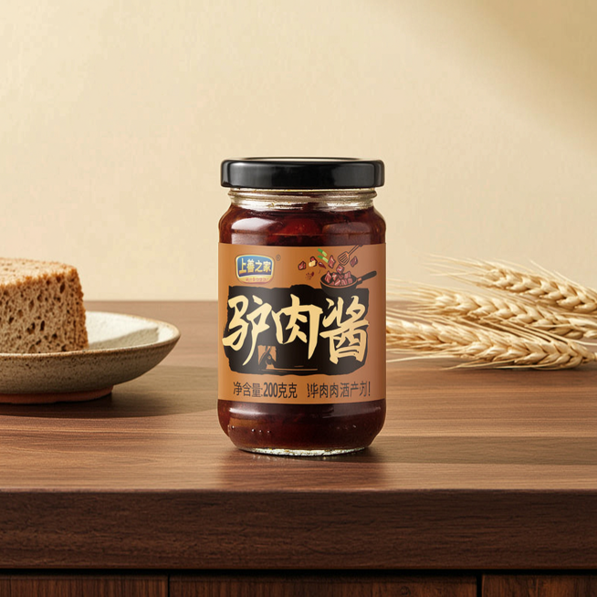 商业级产品摄影
主体：酱料严格参照上传产品图，完整保留所有可见组件、轮廓、结构、比例、材质、颜色与产品本体上的文字信息，完整不裁切，产品占画面65%，绝对视觉主导，近景构图。
构图：居中构图，视角偏转预览效果
