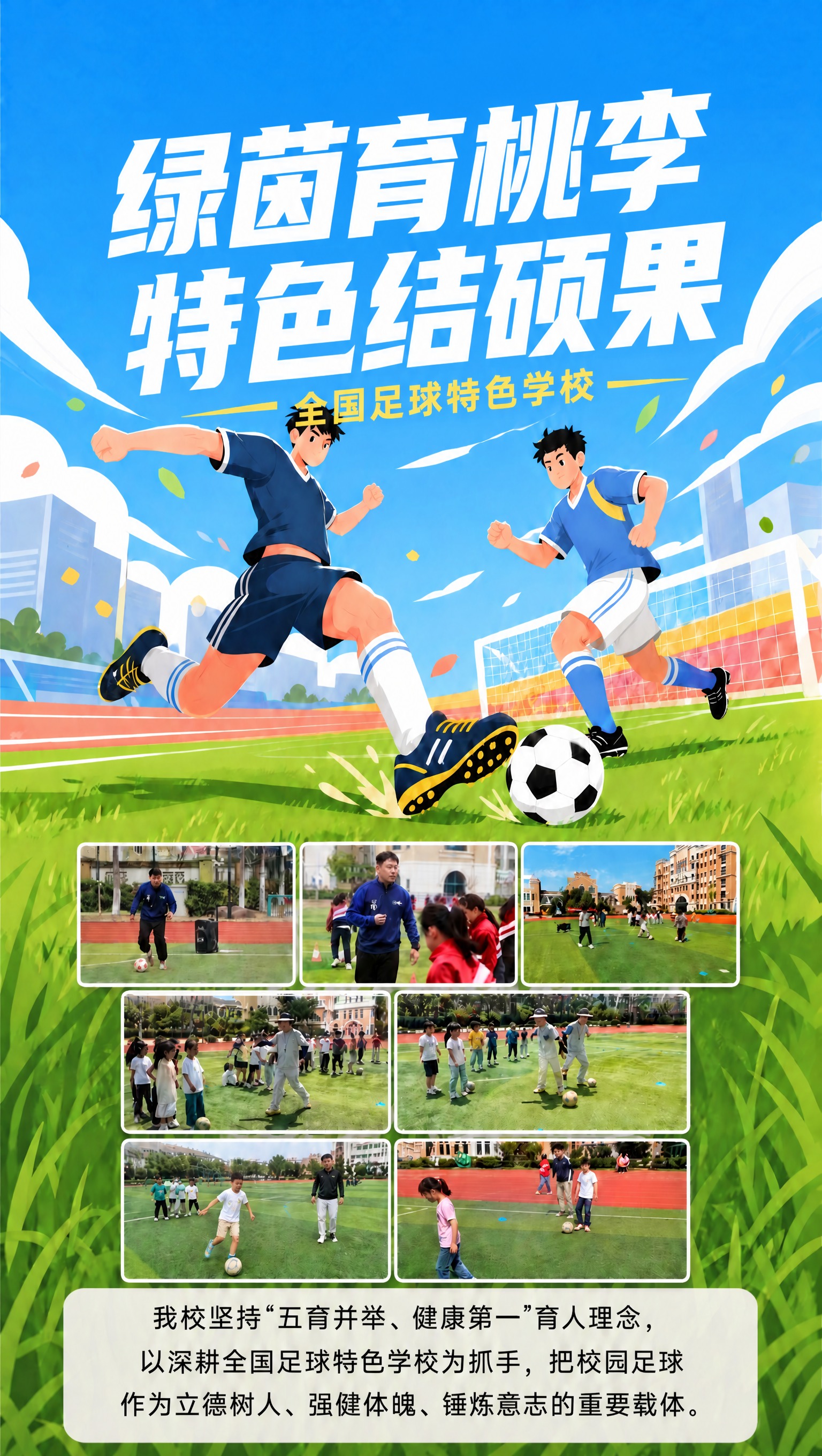 将海报顶部的大标题文字替换为"绿茵育桃李 特色结硕果"，分两行… - 图片创意预览