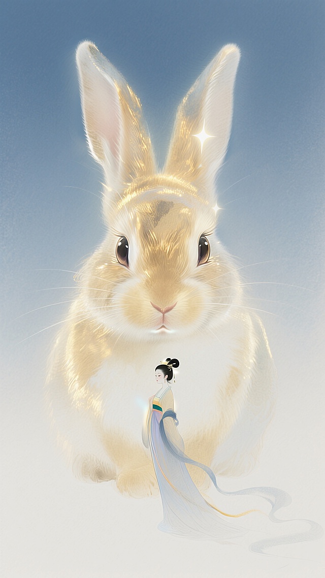 一个巨大的兔子眼睛看着下方的嫦娥（全身），露出朦胧的兔头，兔子眼睛有星光效果，表情柔和，浑身金色发光拉丝效果，光细腻如发丝，大面积留白，概念视觉，朦胧，梦幻，对称构图，极致的大小对比，金色加蓝色调