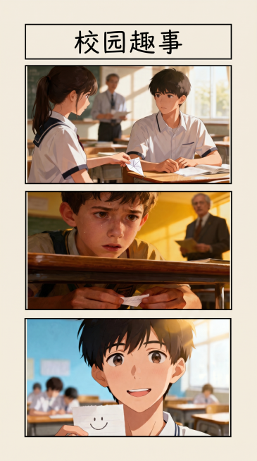 将三张校园趣事漫画竖向排版为三格条漫，整体添加细黑边框，顶部添加标题"校园趣事"字体为可爱手写风格，保持每个画面的内容完整清晰，整体为青春温馨风格，背景为浅米色干净简约排版预览效果