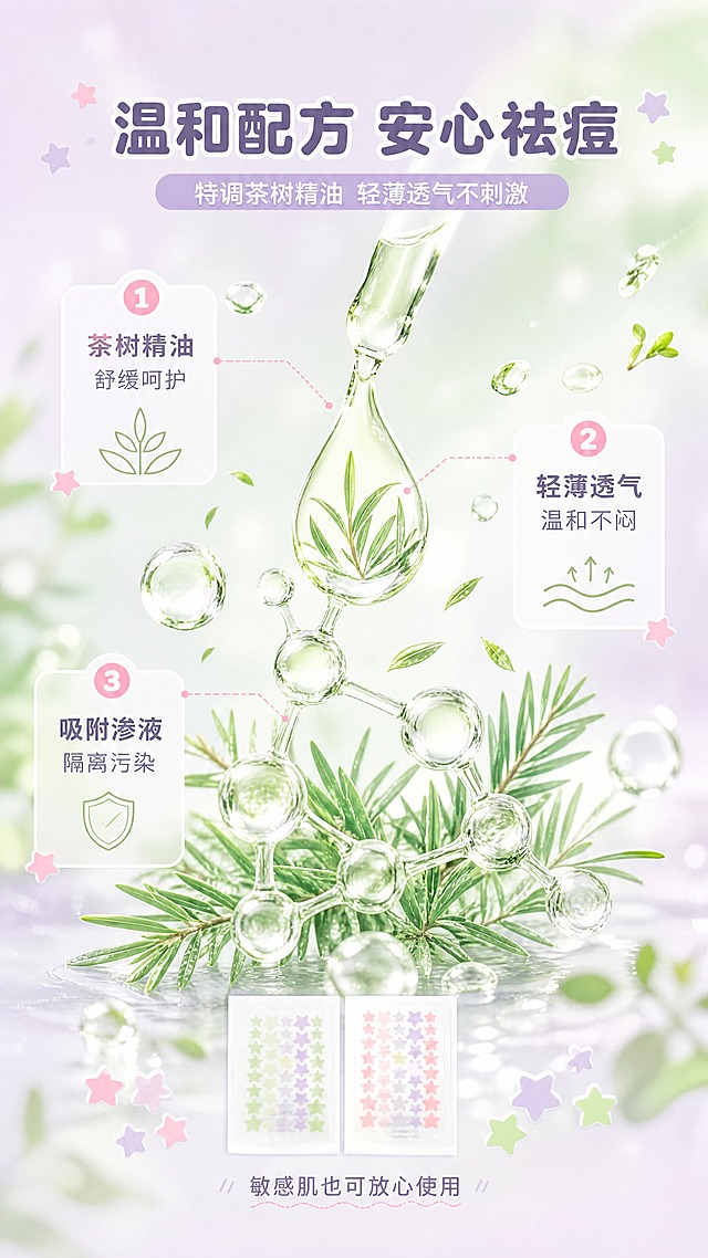 [商品] 成分机理专页，以成分为主视觉，可搭配【图2】星星贴小图做点缀；星星贴保留五角星造型和马卡龙色。
[画面] 目标：成分功效页，解释温和祛痘的原理，建立专业信任感。构图：中心放大茶树精油滴液+植物叶片+分子结构示意，成分元素占画面50%以上；四周环绕3个功效点图标；底部放一小排星星贴产品示意；前景点缀精油水珠和植物碎叶，中景成分主视觉，后景薄荷绿柔焦背景。
[视觉] 套系策略：风格=马卡龙甜趣少女风商业摄影；标题字=圆润可爱粗圆体；正文字=简洁无衬线体；主色=淡紫+薄荷绿马卡龙双色；背景延展=基于淡紫和薄荷绿做柔焦渐变、同色深浅晕染和细腻磨砂质感；强调色=嫩粉色，仅用于小面积图标、引线和标签点缀；标题色=深紫灰；正文色=中灰紫；组件=圆角半透明信息卡、虚线引线、星星装饰元素；光影=顶部柔光，成分元素有通透光泽感。
[文字] 顶部主标题"温和配方 安心祛痘"，副标题"特调茶树精油 轻薄透气不刺激"；画面中3个编号功效点："① 茶树精油 舒缓呵护""② 轻薄透气 温和不闷""③ 吸附渗液 隔离污染"；底部小字"敏感肌也可放心使用"；成分元素（精油滴、叶片、分子）须放大占主画面，禁止小icon点缀。
[规格] 图片比例9:16竖版，4K，避免变形、错字、文字过小、医疗功效承诺、消炎杀菌等医疗用词、冷蓝灰背景。