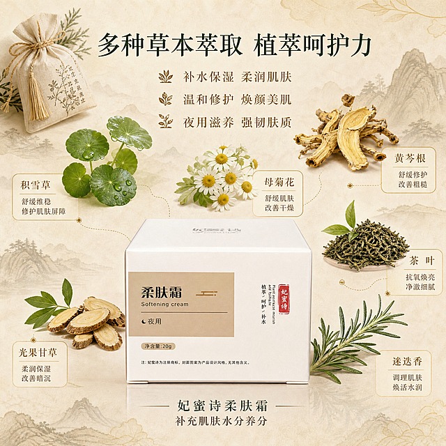 [主图-2] 多种草本成分与功效解析图，强调草本萃取和护肤功效，中药风格。
[统一基调] 中药草本国风视觉，背景主色为温润米杏色+浅棕纹理，标题字色为深墨绿，辅助字色为暖棕色，字体为干净的宋体细衬线体，卡片用浅米色圆角细边框样式，整体温润雅致有东方草本感。
[画面] 产品妃蜜诗柔肤霜白色方盒放在画面下方居中，占画面约35%，正面朝向观众。产品上方和四周悬浮多种真实草本植物原料特写：积雪草叶片、黄芩根茎、母菊花瓣、茶叶、光果甘草、迷迭香枝叶等，每种草本旁边用细线引出小标签标注名称和对应功效。背景是淡淡的中式水墨山水纹理+宣纸质感，左上角有一个古朴的中药药包图案装饰。整体是成分环绕解析构图，专业又有国风美感。
[光影质感] 柔和均匀的自然光，草本叶片有通透光泽，产品盒面干净有质感，整体光影柔和，商业摄影级品质。
[配色] 米杏宣纸色背景+深墨绿标题+草本绿色植物+暖棕说明文字+少量金色细线点缀，整体雅致温润。
[文字版式] 上方大标题：「多种草本萃取 植萃呵护力」，字体稍大。下方分三行功效短句：「补水保湿 柔润肌肤」「温和修护 焕颜美肌」「夜用滋养 强韧肤质」，每行前面配一个小草本图标。产品下方小字：「妃蜜诗柔肤霜 补充肌肤水分养分」。文字排版错落有致，不拥挤。
[输出要求] 比例1:1，文字清晰可读，产品清晰不变形，无错字，无水印，无平台logo，不出现任何化学成分名称和分子式，不出现生产厂家信息，画面干净雅致。