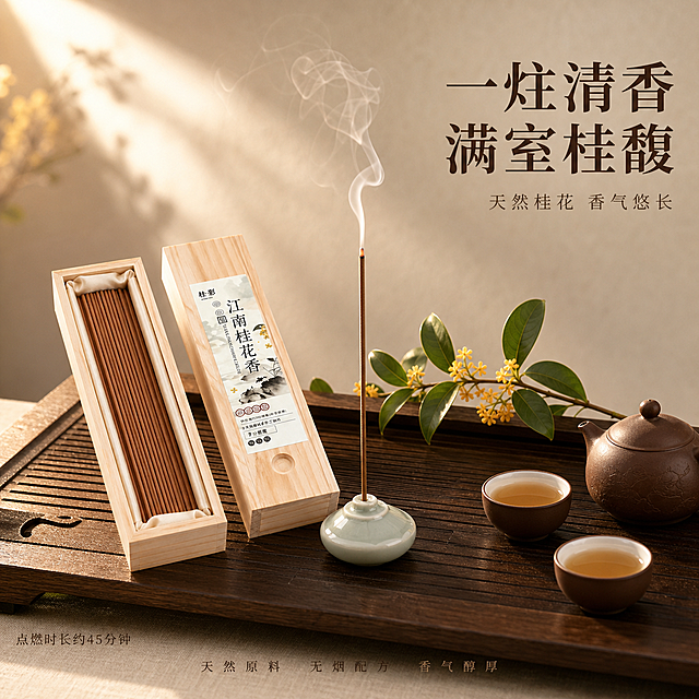 [主图-4] 使用场景与香氛体验-点燃线香氛围感展示。
[氛围风格] 新中式静谧禅意风格，秋日午后暖光，香氛氛围感；
[画质] 商业摄影质感、光线柔和通透、产品清晰真实、画面干净高级。
[元素] 画面主体为深胡桃木实木茶盘，中央摆放一只青瓷香插，插着一支点燃的线香，青烟袅袅上升形成优美曲线。茶盘左侧放置半开的原木线香礼盒，露出内部整齐排列的线香；右侧一只紫砂茶壶与两个小茶杯，杯中盛有清茶。茶盘后方一小枝新鲜桂花枝条横卧，金黄色小花簇与翠绿叶片点缀。背景为米白色宣纸质感墙面柔焦虚化，左侧一束暖金色侧光斜入照亮青烟。**保持木盒线香产品外观（即物理结构、材质质感、颜色）与输入产品图保持绝对一致，杜绝任何变形和色差，精细化处理**。商品主体（礼盒+香插）占比严格控制在65%左右；画面满屏无边框。
[光影] 主光从左侧45°斜入暖金色光线，照亮青烟与线香顶端火光；辅光为右侧环境反射柔和补光；青瓷香插釉面细腻反光，木质表面温润光泽，青烟在光线下通透飘渺；整体光影柔和静谧，禅意十足。
[配色] 主色胡桃棕+米白（木盒与背景）；辅色青瓷灰+金黄（香插与桂花）；强调色紫砂褐（茶壶茶杯）。
[视角构图] 45°微俯视角，茶盘为视觉中心；青烟向上延伸引导视线，画面上下有呼吸感；景深中等，背景适度虚化突出主体。
[文字版式] 右上负空间右对齐留安全边距，两行主辅文案。大字主文案「一炷清香 满室桂馥」，深棕色最大号粗体宋体；辅助短句「天然桂花 香气悠长」，约半高、同色略浅细宋体。左下角落配小字标签「点燃时长约45分钟」，小号深棕宋体。底部居中极轻量卖点条：「天然原料 无烟配方 香气醇厚」，小号宋体字间距宽松。
[输出要求] 1:1比例，文字清晰锐利，画面超高清商业摄影质感；
[负向提示词] 变形，文字错乱，产品图模糊，背景杂乱，水印，电商平台Logo。
