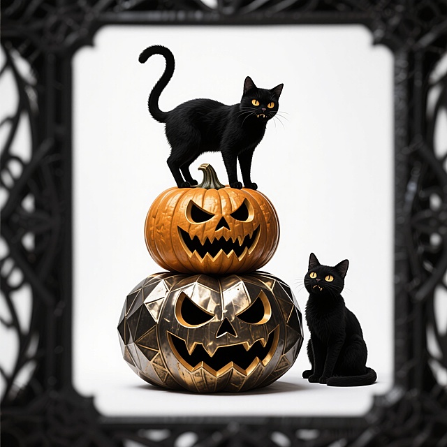 三个堆叠的南瓜灯，每个南瓜灯都有不同的恐怖面部表情，两个黑色的小猫，一只站在南瓜灯上，一只坐在南瓜灯旁边，白色背景，哥特式风格，金属质感，棱角分明的造型，暗金色和黑色的配色，万圣节主题，暗黑系插画，精细的纹理，高对比度，阴影效果，恐怖氛围