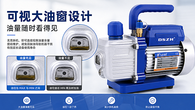 主标题“可视大油窗设计”，副标题“油量随时看得见”，大油窗局部特写，分别实拍满油、缺油两种状态，说明不用拆机就能观察机油余量，提前保养，避免干磨损坏机器，实景实拍风格