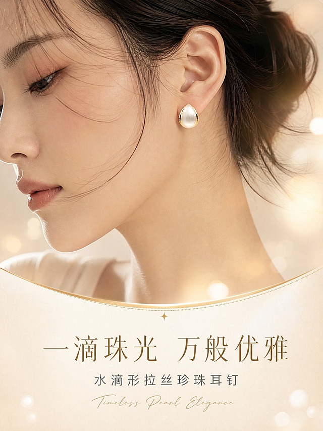 [详情页-1] 水滴形拉丝珍珠耳钉 氛围头图 吸引注意。
[商品] 使用【图1】水滴形拉丝珍珠耳钉；保留水滴造型、拉丝珍珠质感、金色包边结构、颜色与材质；精修清理灰尘与划痕，增强金属高光与珍珠拉丝肌理。
[画面] 页面目标=营造高级珠宝氛围 建立第一印象；构图=上下分层 上大下小；上半部分为耳钉佩戴在亚洲女性耳侧的特写大片，侧脸45度，耳钉在耳垂位置闪耀，发丝轻柔拂过耳际；下半部分为情感化标题区。主体耳钉+耳部占画面约55%。背景为暖米色渐变光晕，有柔和的光斑散景，营造梦幻高级感。前景点缀极淡的珍珠光泽光斑。
[视觉] 套系策略：风格=高级珠宝商业摄影+氛围感大片；标题字=纤细优雅衬线体（中文）+手写体英文装饰；正文字=简洁细黑体；主色=奶油米白+香槟金；背景延展=基于奶油米白做深浅层级 同色渐变 细腻肌理质感；强调色=璀璨金 仅用于小面积图标 引线 标签 局部光效；标题色=深香槟金；正文色=暖灰色；组件=极细金线分隔 圆角柔边信息卡；光影=左前侧暖柔光+轮廓光勾边 整体通透柔和。
[文字] 下半部分居中排版，主标题 "一滴珠光 万般优雅" 8字 纤细衬线体深香槟金 大字号；副标题 "水滴形拉丝珍珠耳钉" 10字 暖灰色中号；下方一行小号英文手写体 "Timeless Pearl Elegance"；文字不遮挡耳钉主体。
[规格] 图片比例3:4竖版，2K，避免变形、错字、文字过小、冷蓝背景、塑料感、礼盒包装、平台Logo、水印。